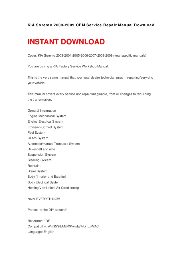 2009 Kia Sorento Service Manual Free Download
